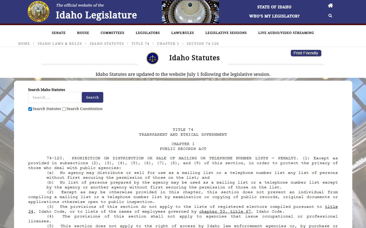Lewis County Clerk of the District Court Idaho mailing list restriction