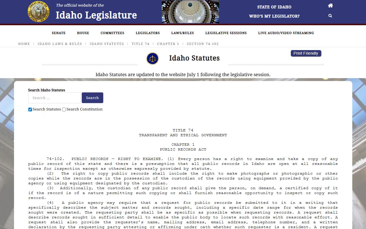 Lewis County Clerk of the District Court Idaho public records inspection statute