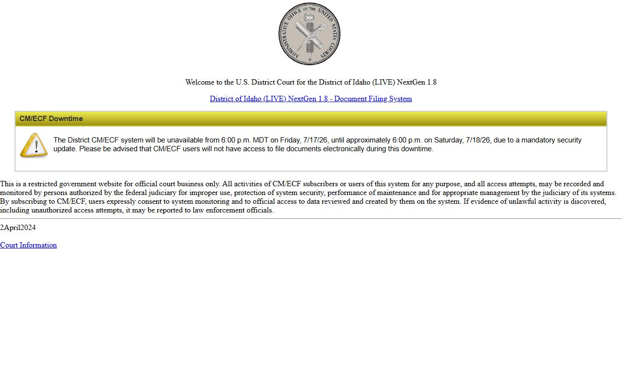 Lewis County arrest records court charges District of Idaho CM ECF source