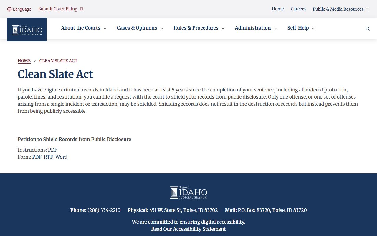 Lewis County court records Idaho Clean Slate Act source