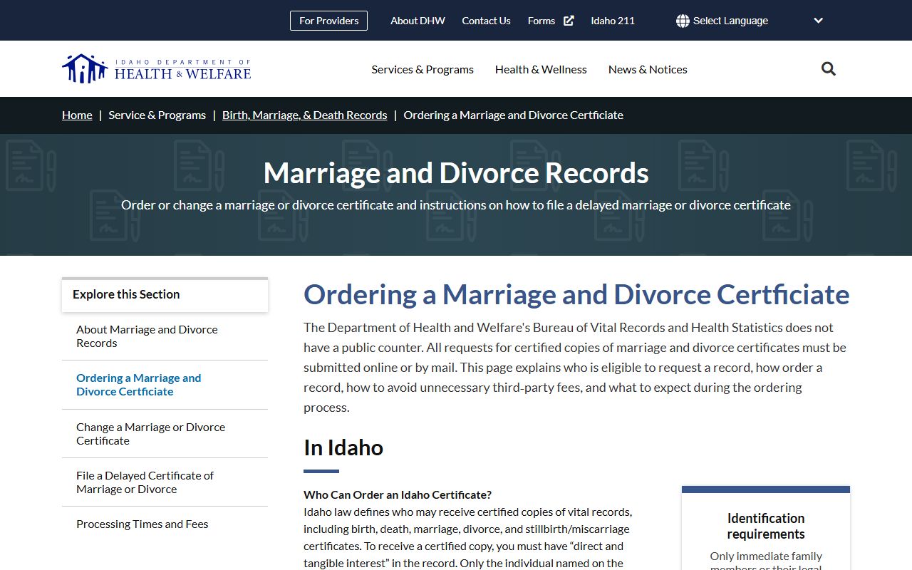 Lewis County marriage and divorce records Idaho certificate ordering