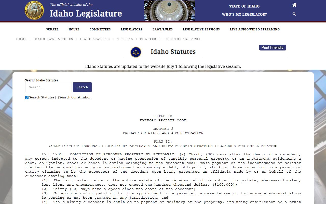 Lewis County probate records Idaho small estate affidavit statute