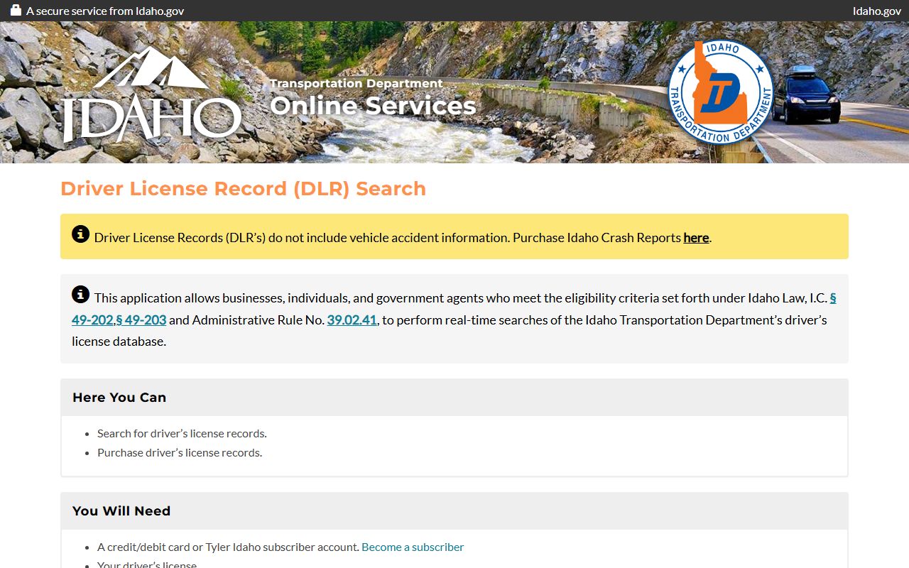 Lewis County traffic court records and Idaho DLR search landing page